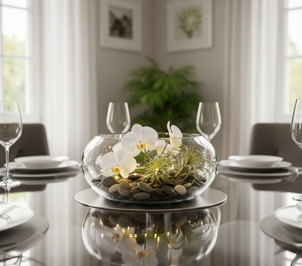 centrotavola su tavolo in vetro